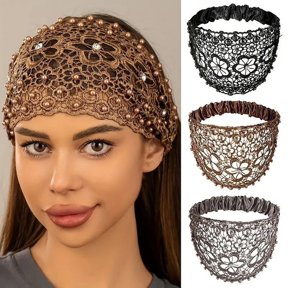 Brown wide crochet lace headband on a model, with the black, brown and grey versions alongside