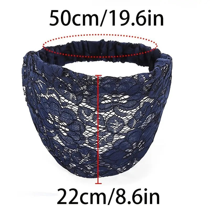 Size diagram of the floral lace head wrap: 19.6 in around and 8.6 in deep