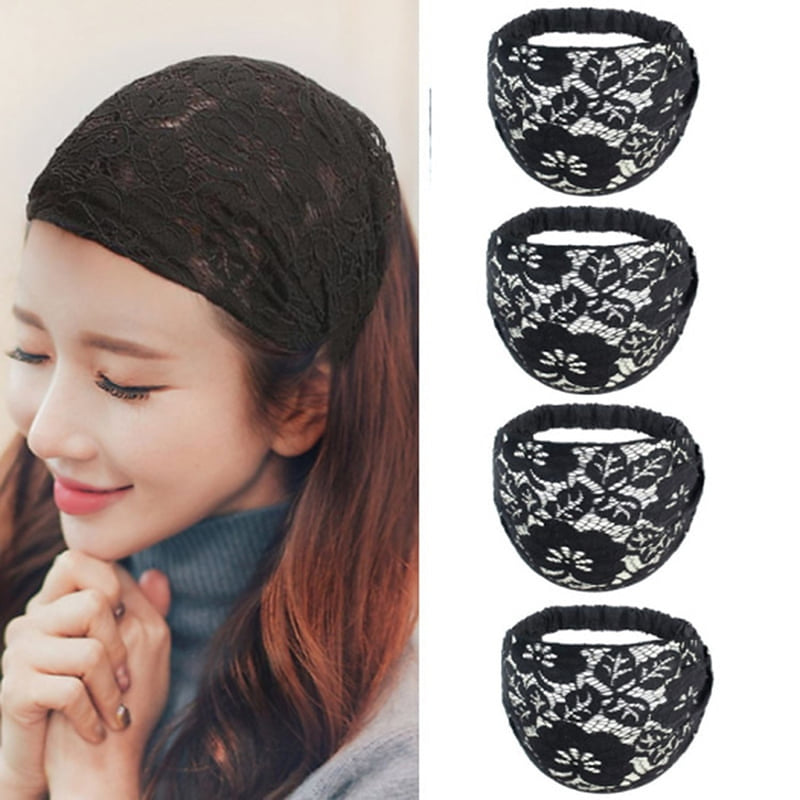 The black floral lace head wrap on a model, with four of the headbands alongside