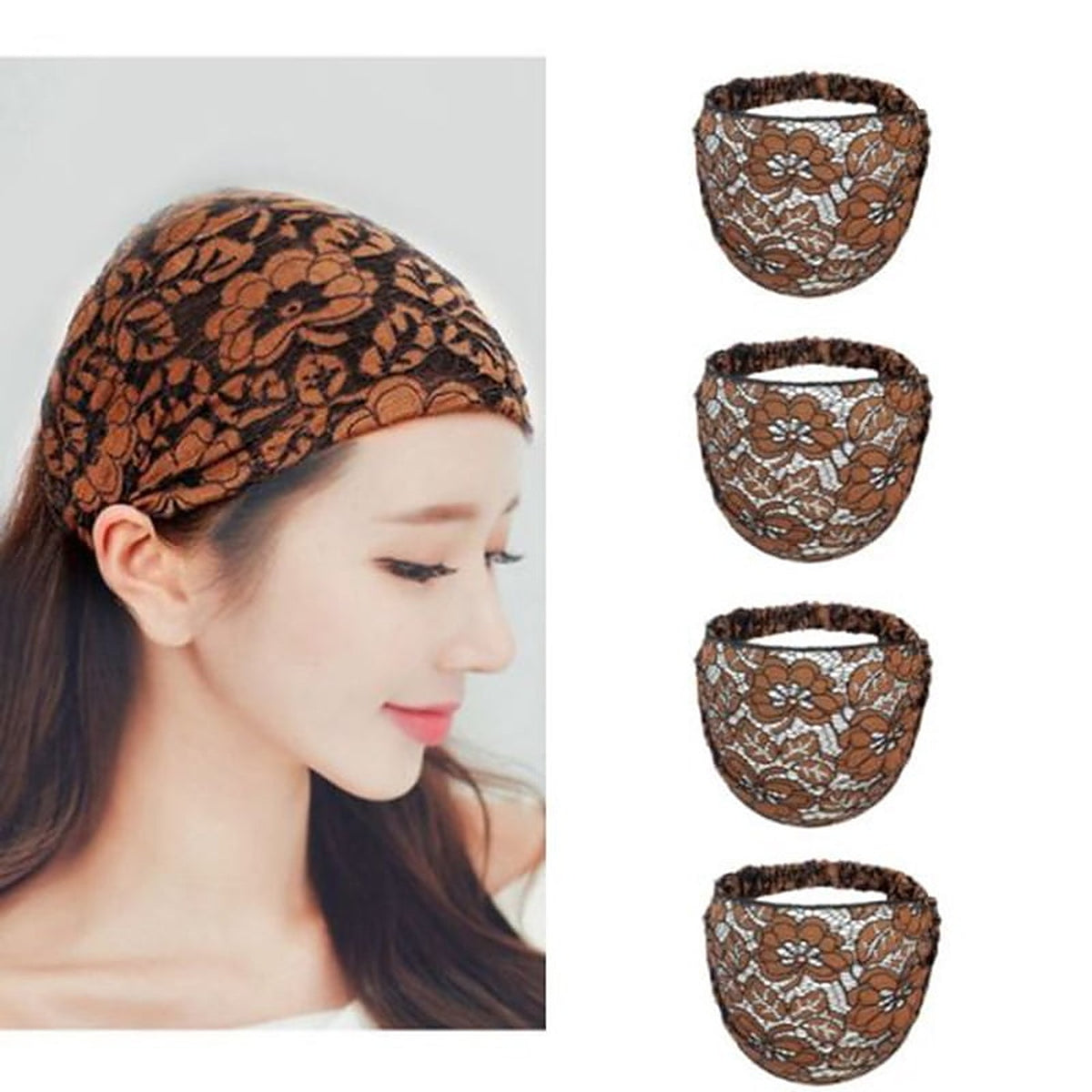 The brown floral lace head wrap on a model, with four of the headbands alongside