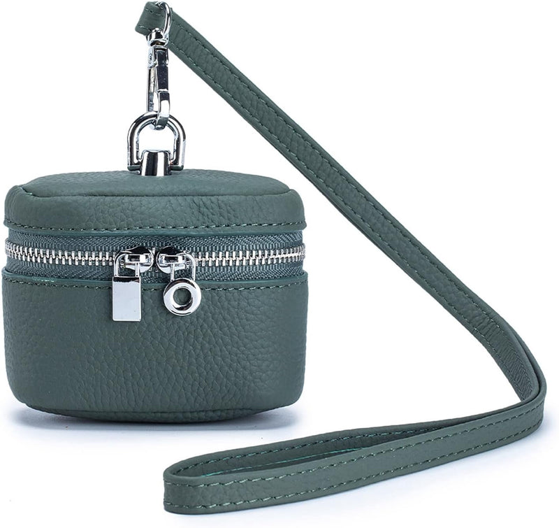 Dark green mini leather coin purse with detachable lanyard
