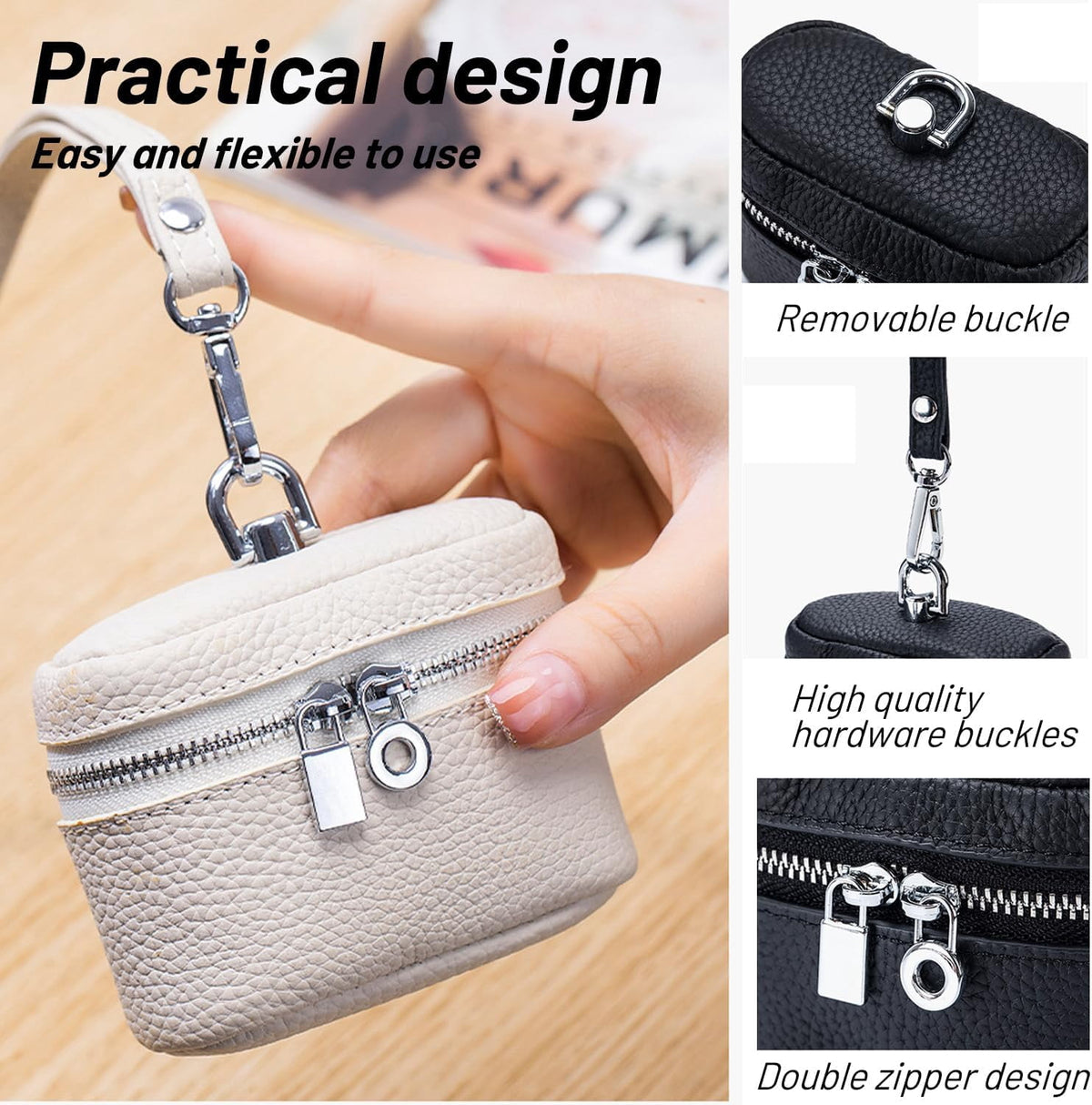 Removable buckle, metal hardware and double zipper detail