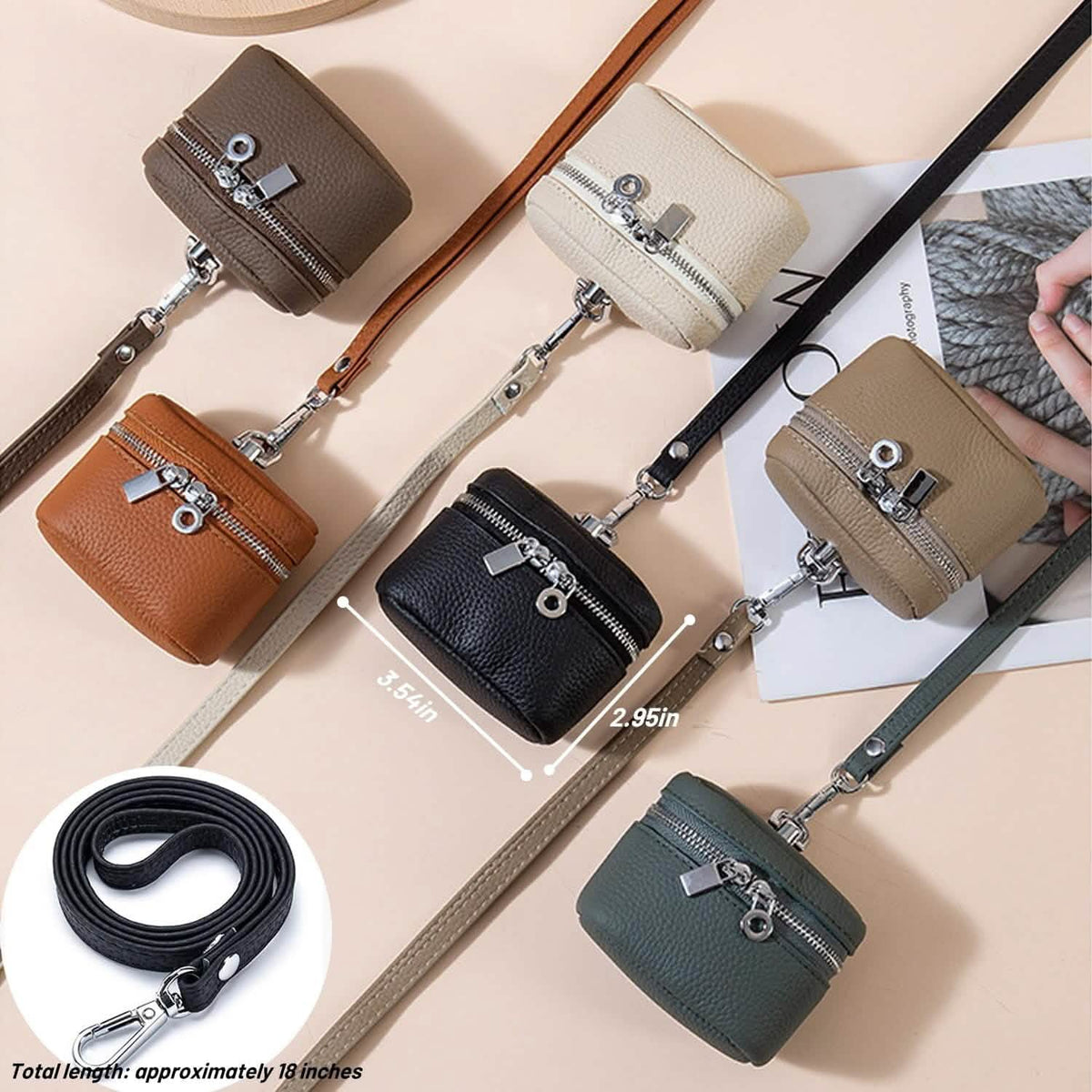 All six colors together with dimensions 3.54 by 2.95 inches and an 18 inch strap