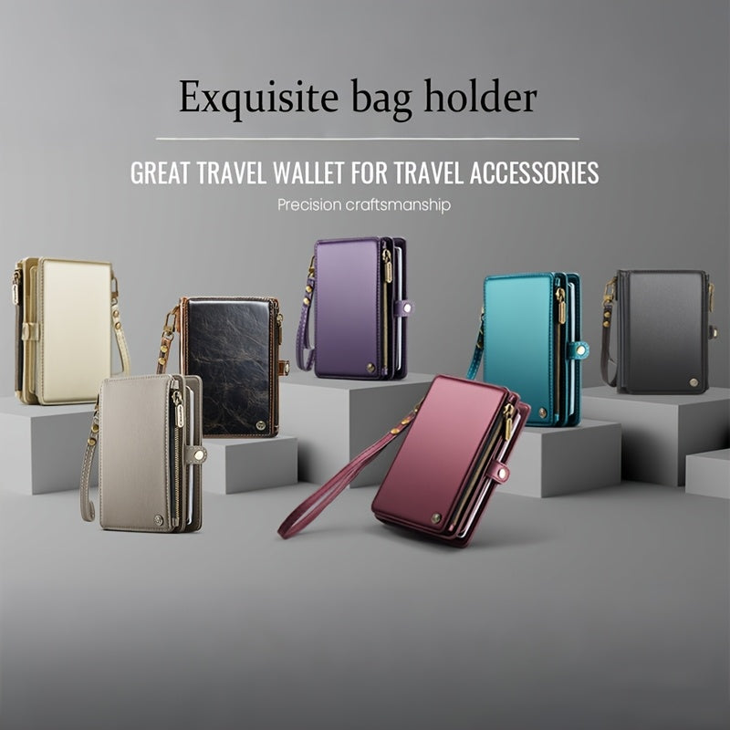 All seven colors of the travel wallet shown together