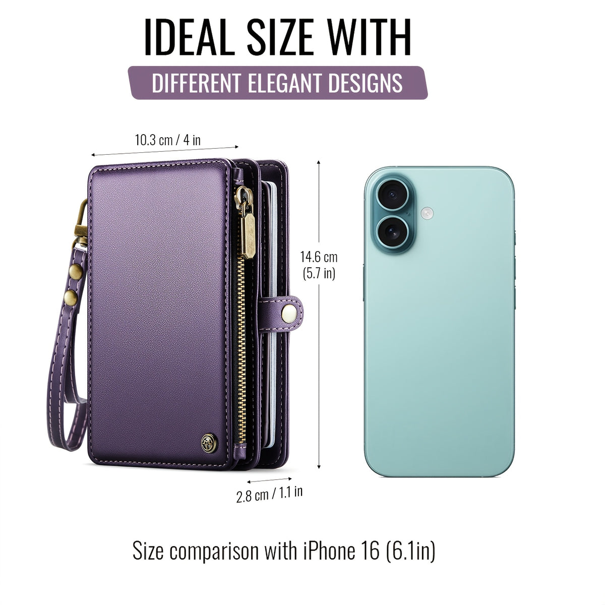 Size comparison, 10.3 by 14.6 by 2.8 centimeters next to a phone