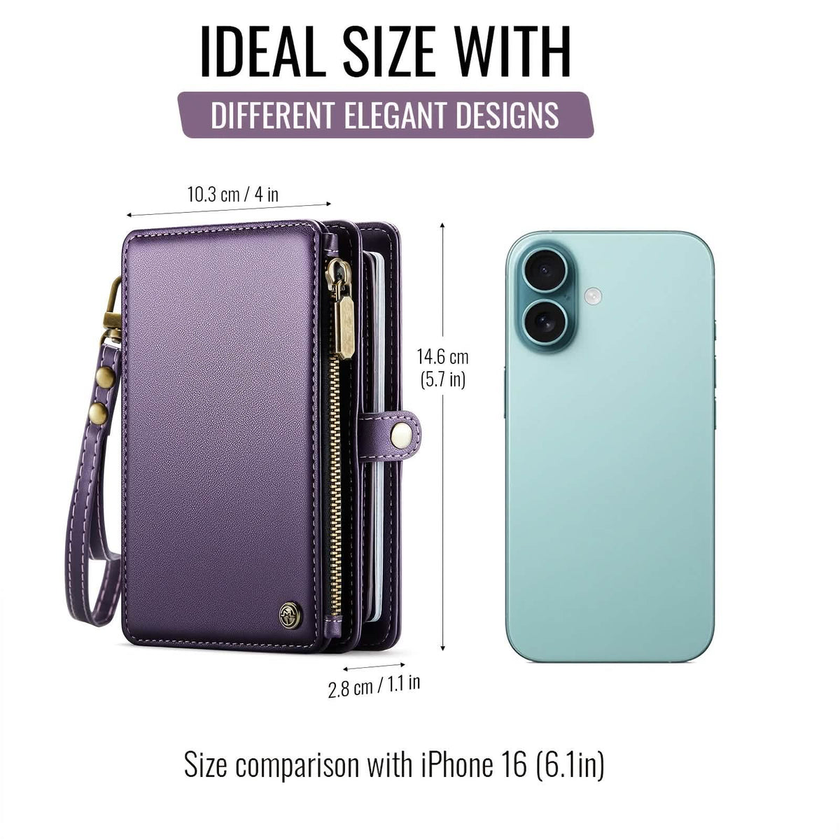 Size comparison, 10.3 by 14.6 by 2.8 centimeters next to a phone