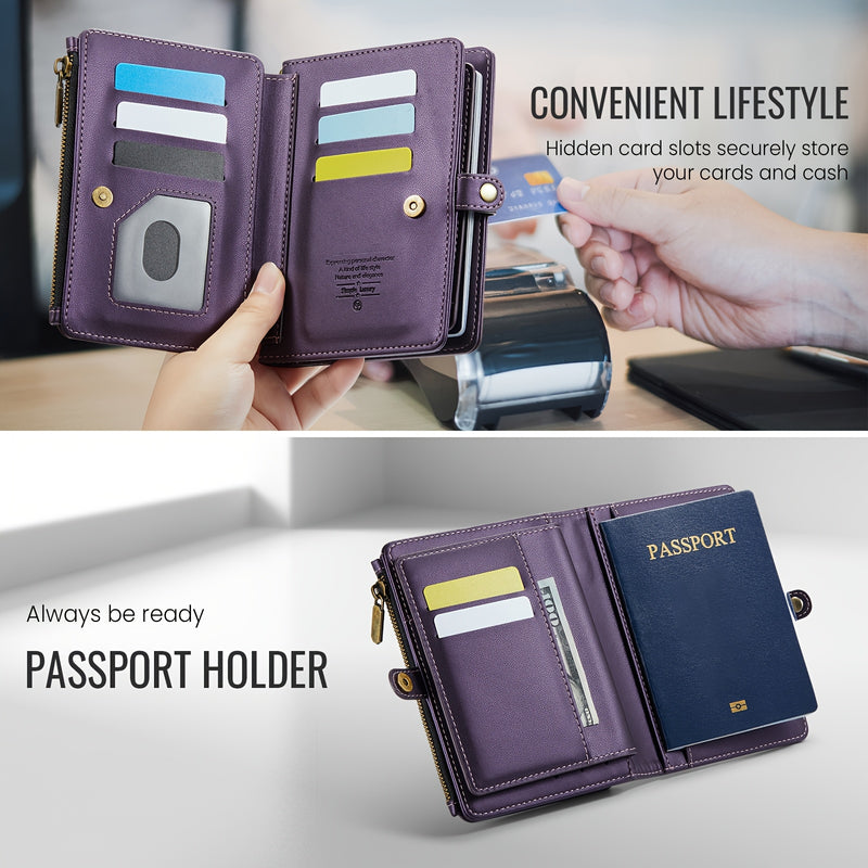 Open wallet showing card slots, and the passport slot holding a passport