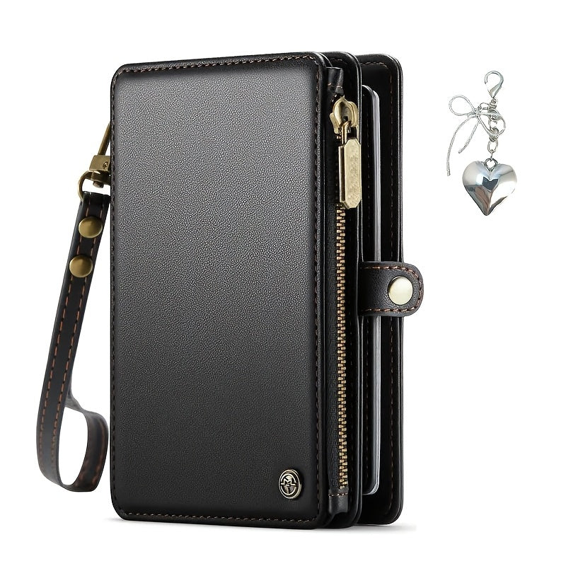 Black travel wallet wristlet with zipper pocket, snap tab and detachable strap