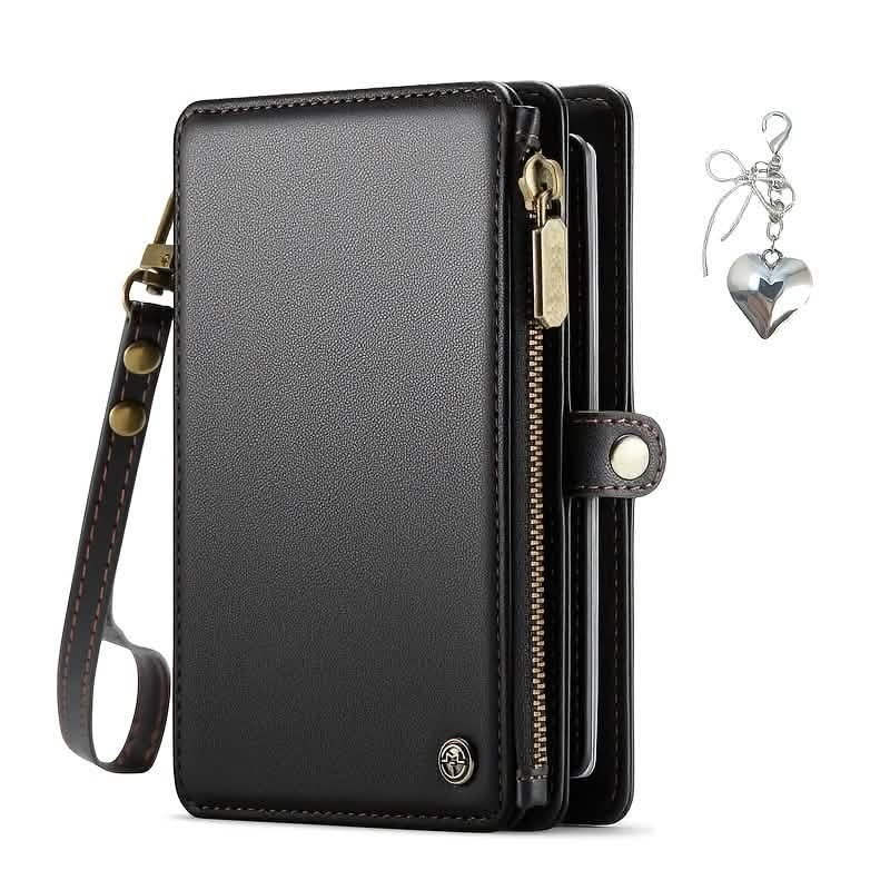 Black travel wallet wristlet with zipper pocket, snap tab and detachable strap