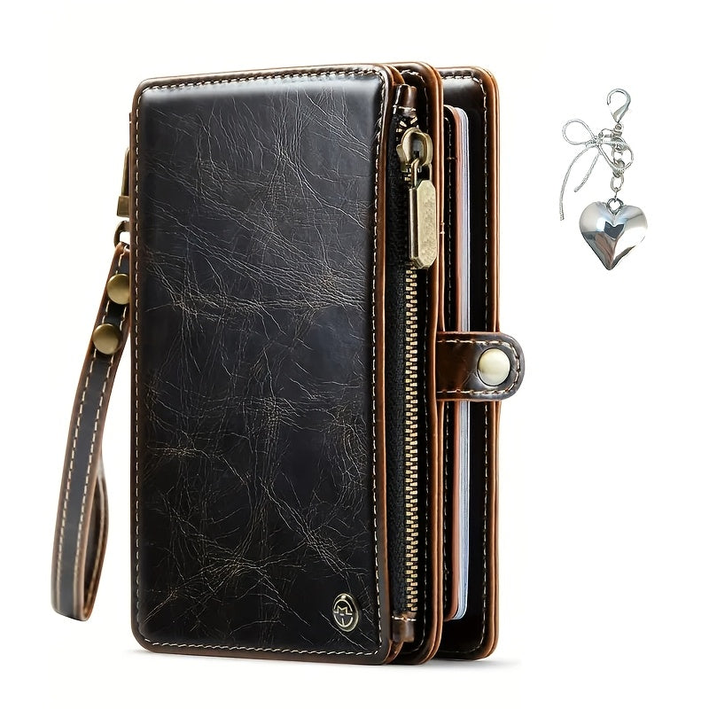 Dark brown oil wax travel wallet wristlet with marbled finish
