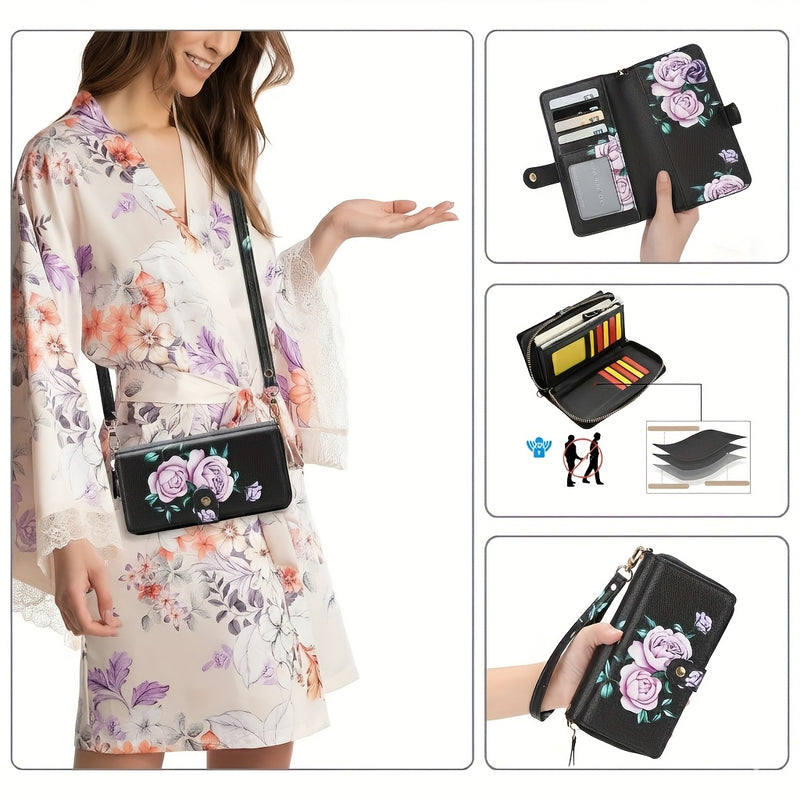 Black floral crossbody phone wallet worn on the shoulder strap