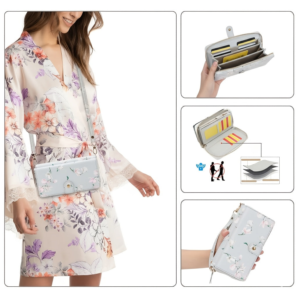Light gray magnolia print crossbody phone wallet worn on the shoulder strap