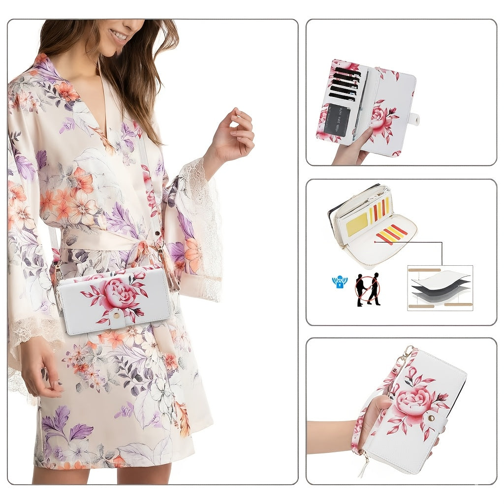 White floral crossbody phone wallet worn on the shoulder strap, with interior card slots