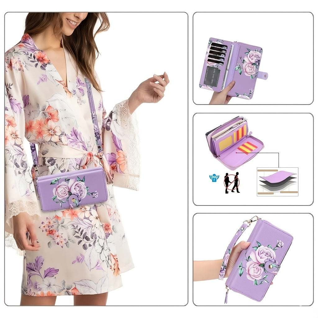 Lavender floral crossbody phone wallet worn on the shoulder strap