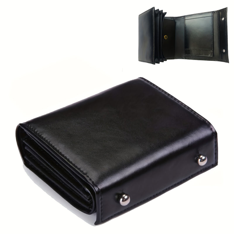 Black accordion trifold leather wallet, closed and open