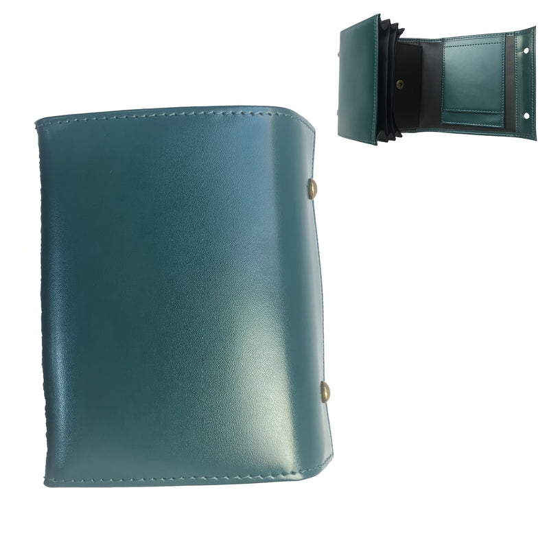 Teal accordion trifold leather wallet, closed and open