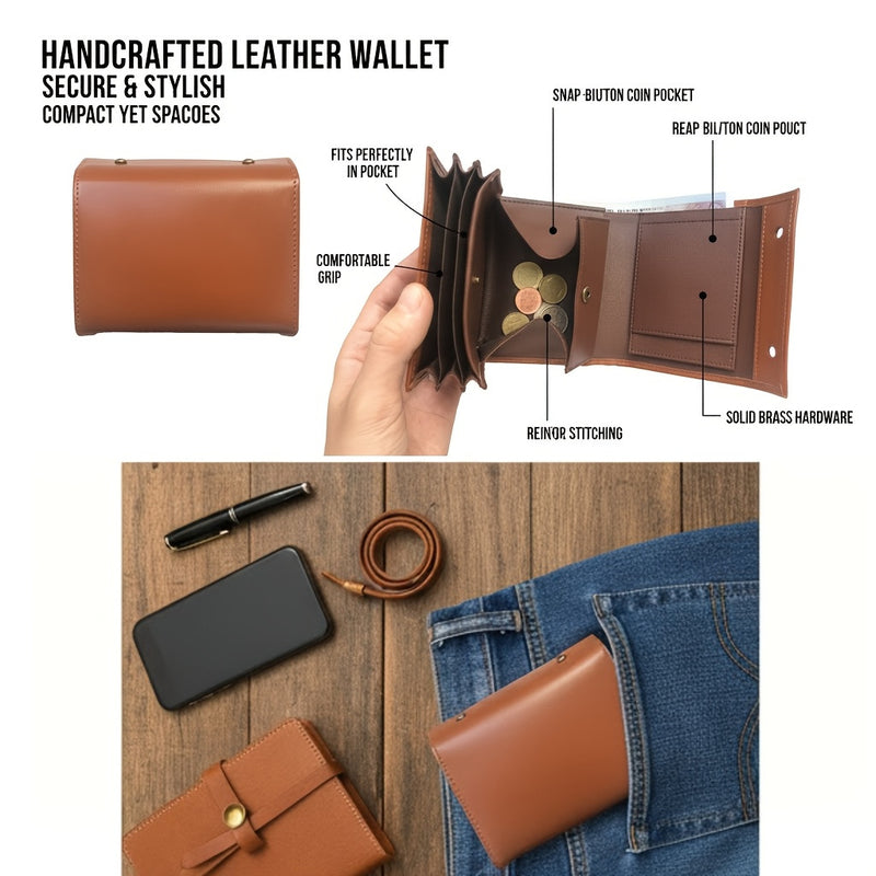 Feature diagram showing snap button coin pocket, solid brass hardware and reinforced stitching