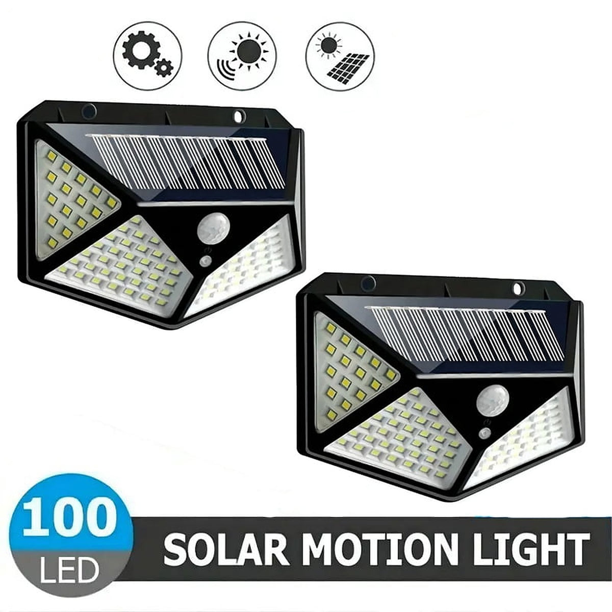Two compact solar motion sensor wall lights with wrap-around LED panels