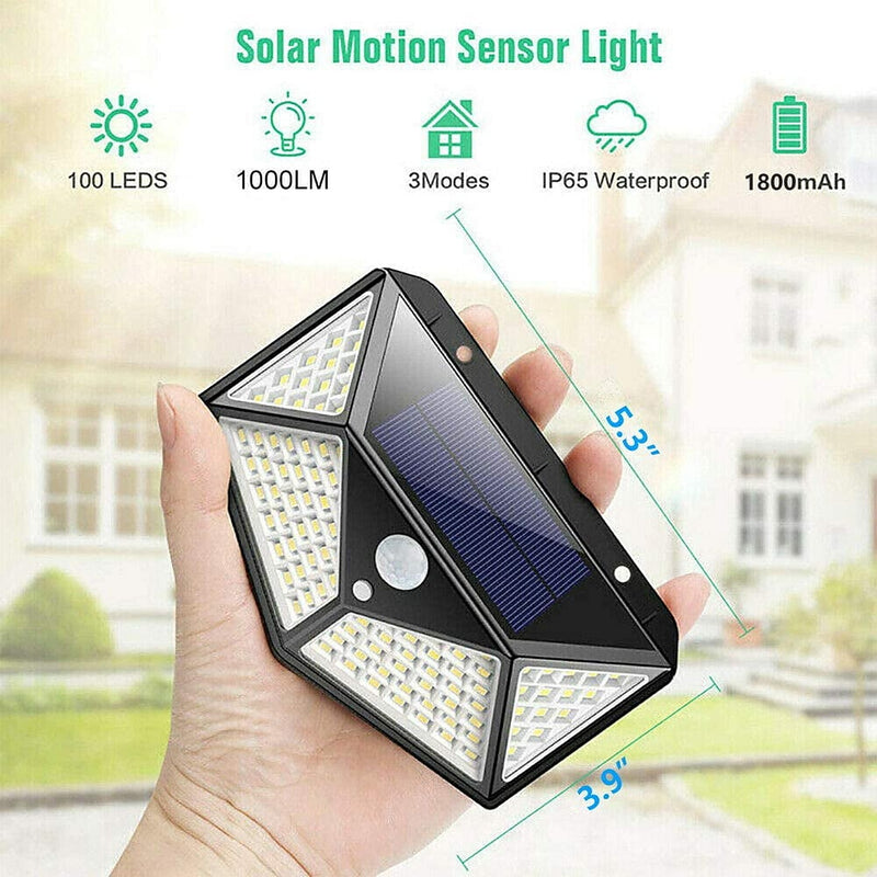 Specification graphic showing 100 LEDs, 1000 lumens, 3 modes, IP65 and 1800 mAh