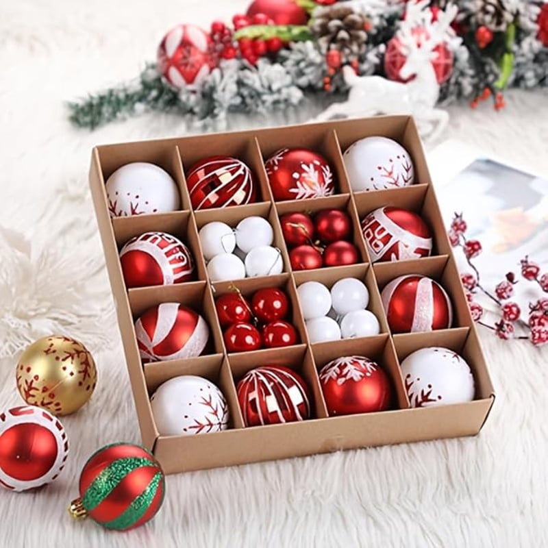 Partitioned gift tray filled with red and white ball ornaments
