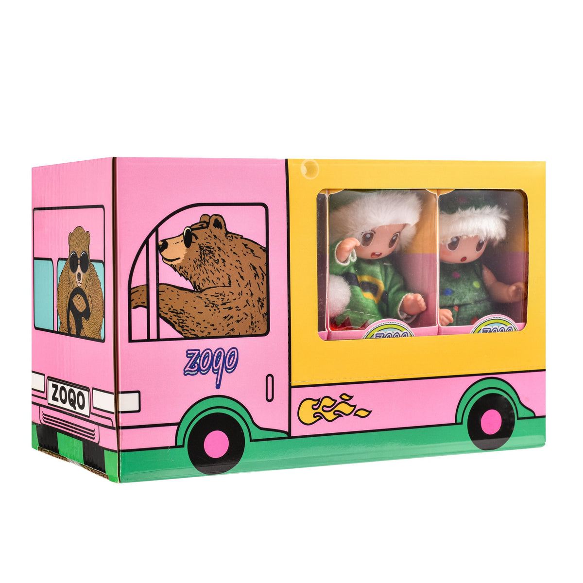 Pink delivery truck gift box with clear window showing the dolls inside