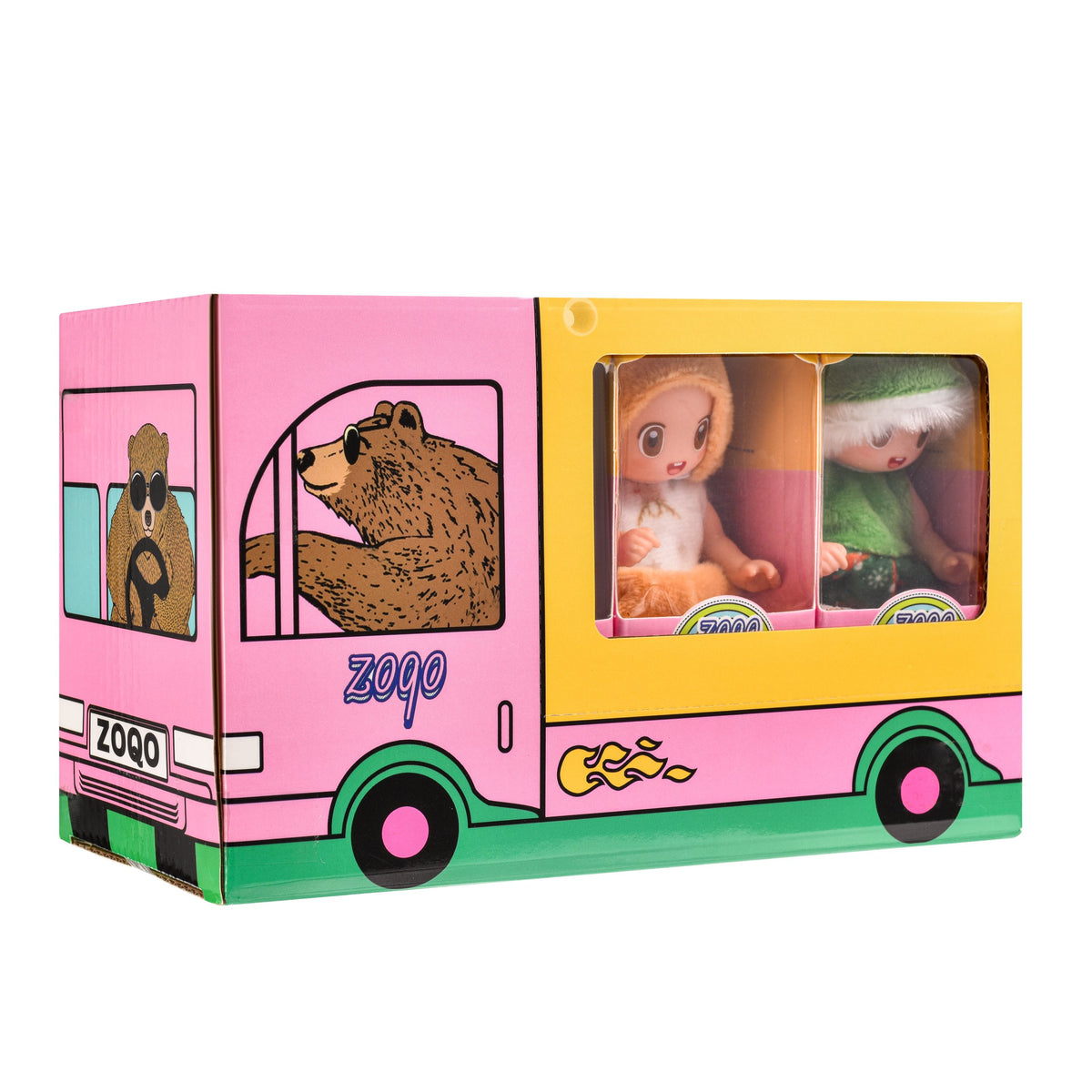 Side view of the truck gift box with dolls visible through the window