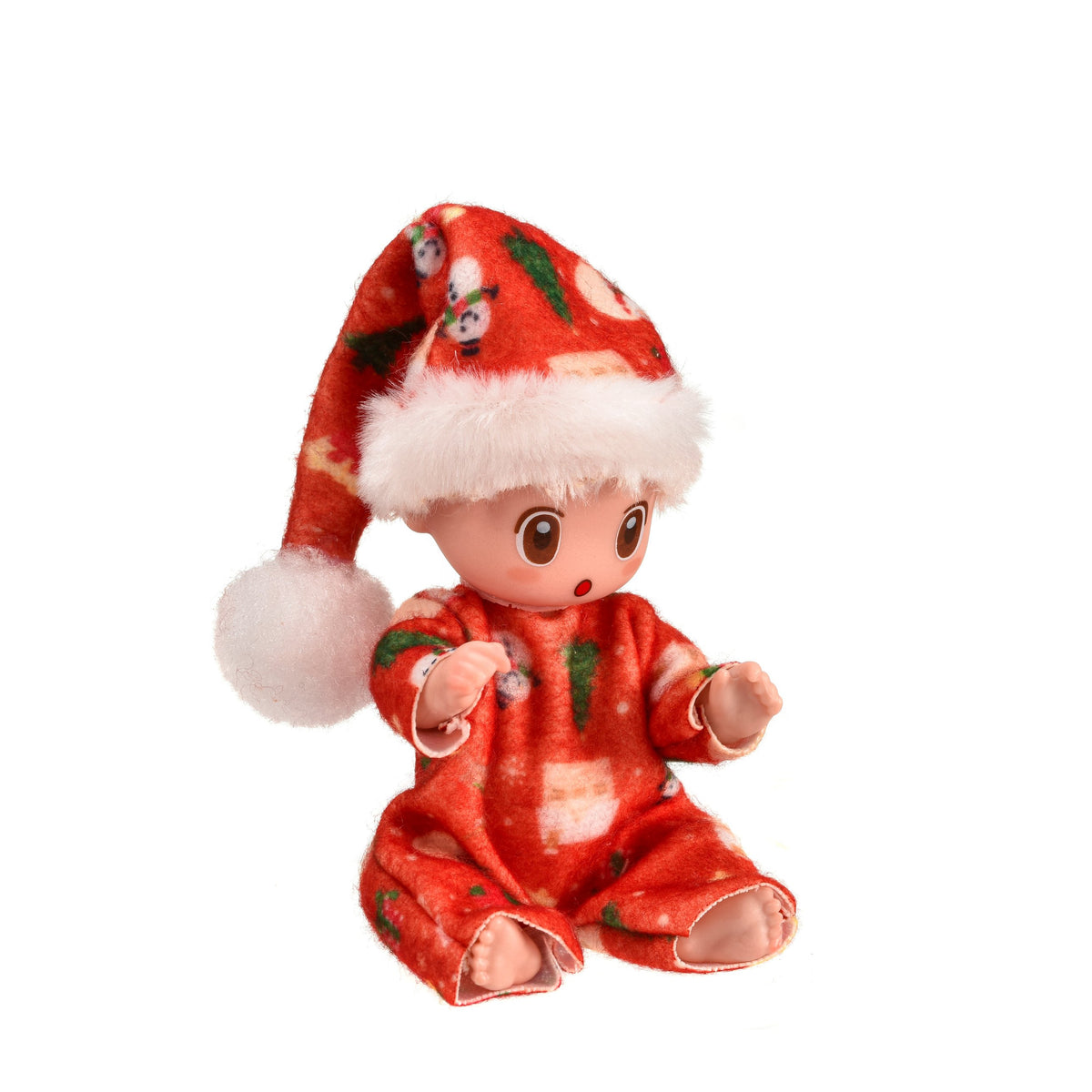 Set B: doll in red Christmas print pajamas with a matching hat
