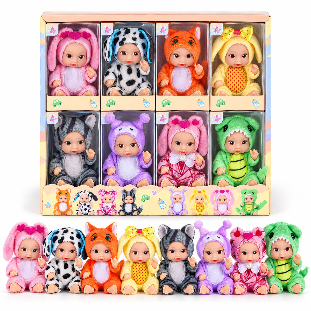 Eight mini baby dolls in animal costumes lined up in front of their gift box