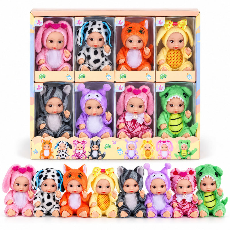 Eight mini baby dolls in animal costumes lined up in front of their gift box