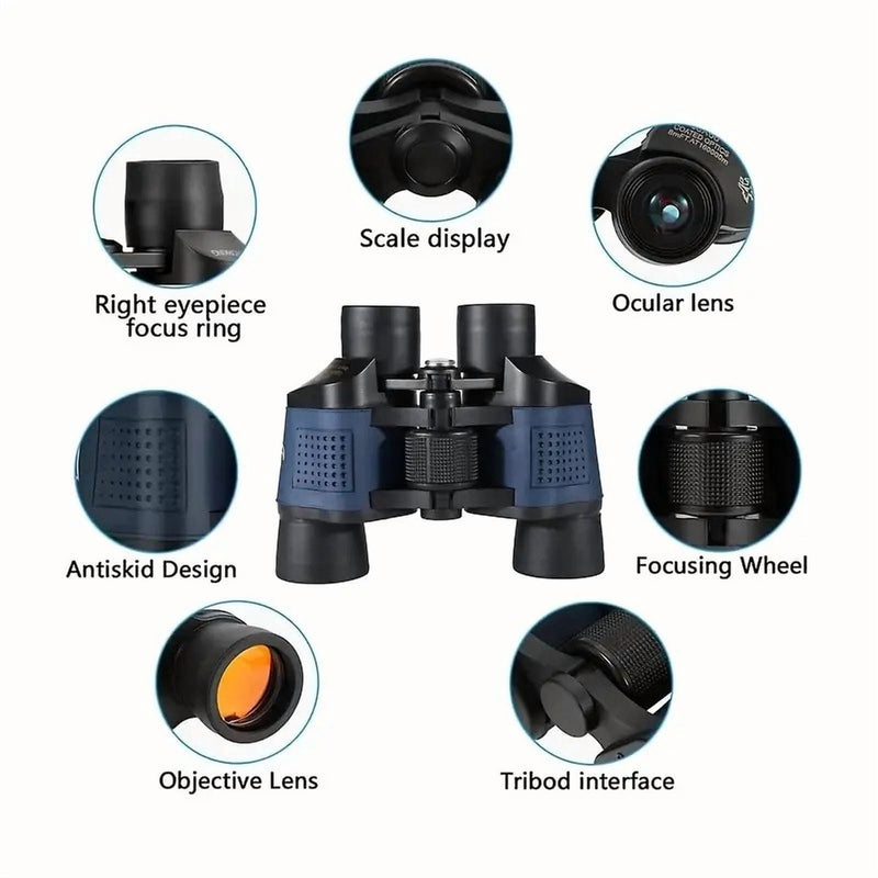 Labeled parts: eyepiece focus ring, scale display, ocular lens, objective lens, focusing wheel and tripod interface