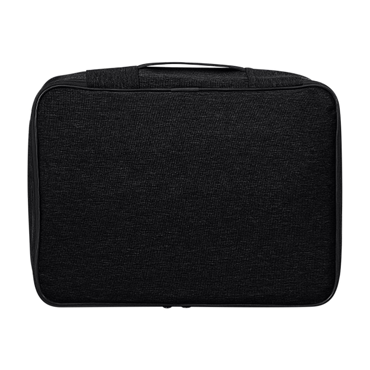 Black document organizer box closed, front view with carry handle