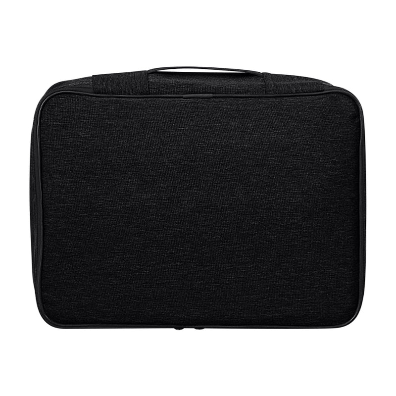 Black document organizer box closed, front view with carry handle