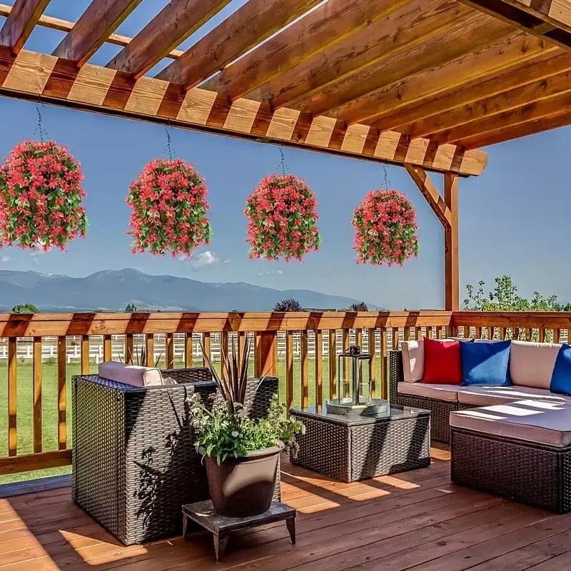 Vines hanging from a pergola over a deck