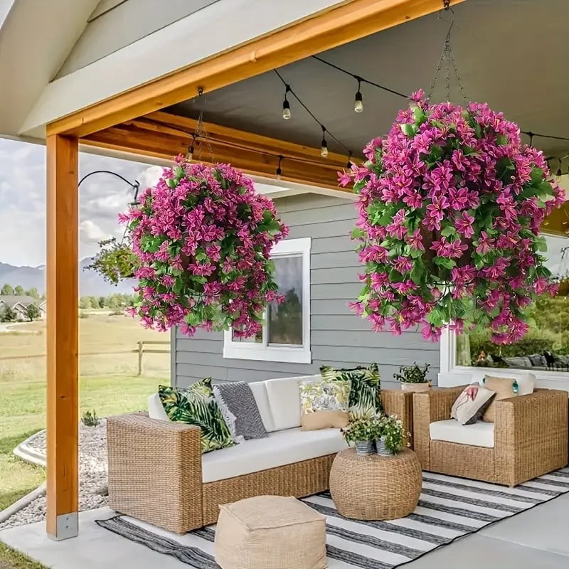 Hanging baskets of the vines on a covered patio