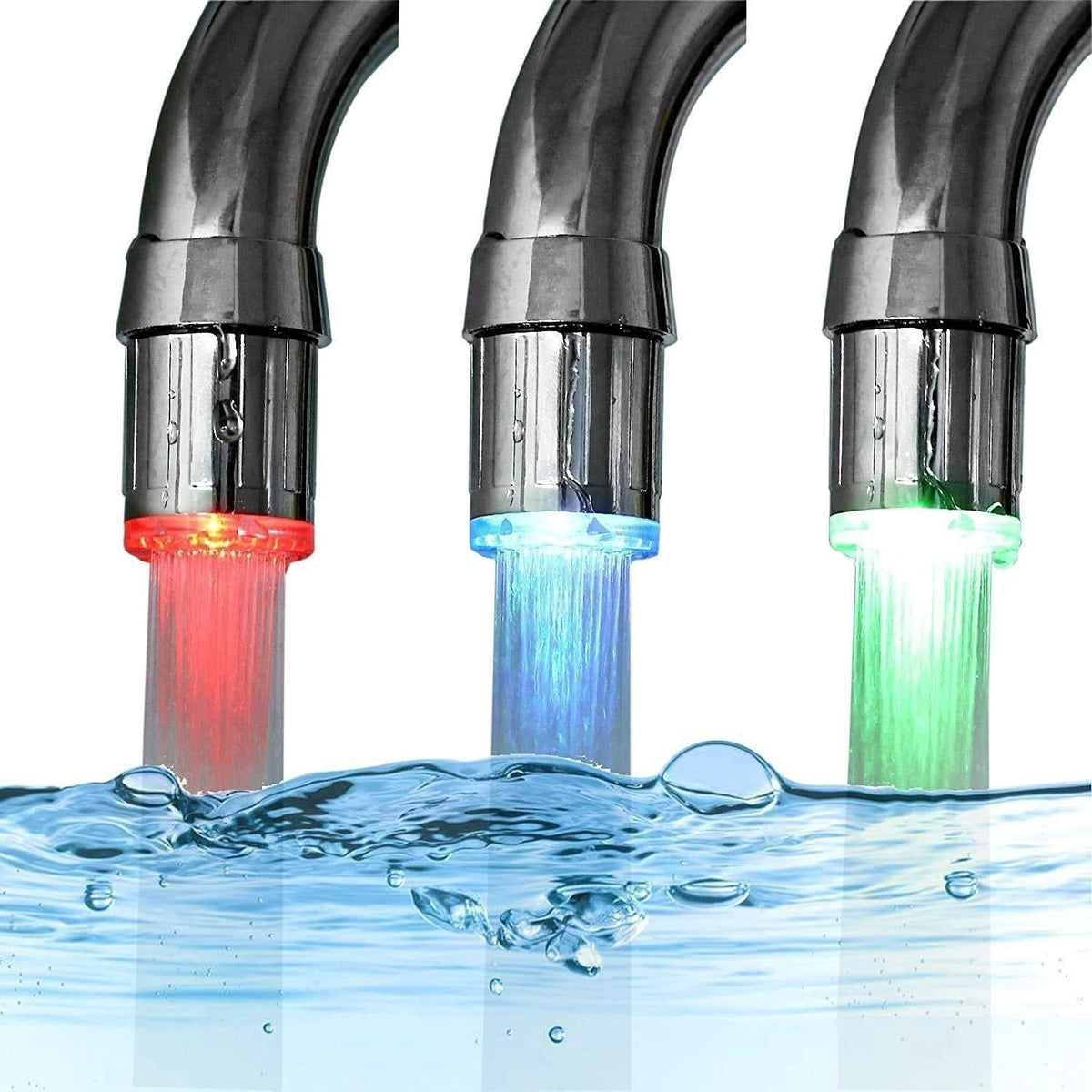 The faucet light glowing red, green and blue on a running tap