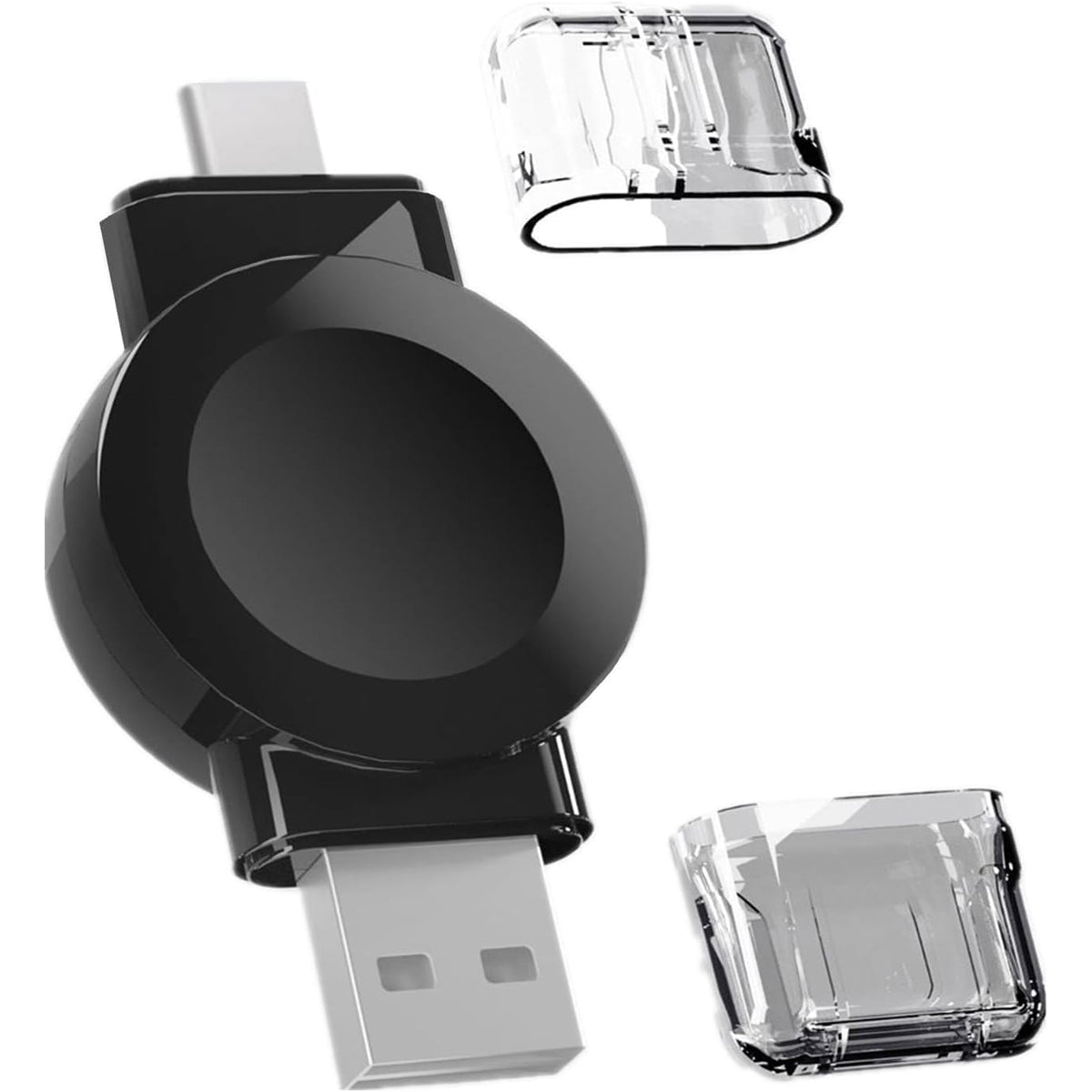 Black magnetic Apple Watch charger with USB-A and USB-C ends and dust caps