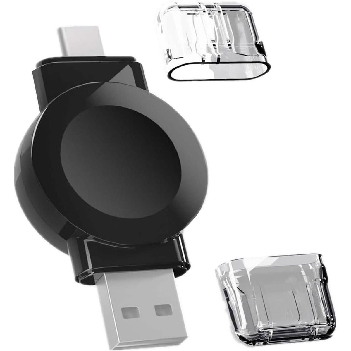 Black magnetic Apple Watch charger with USB-A and USB-C ends and dust caps