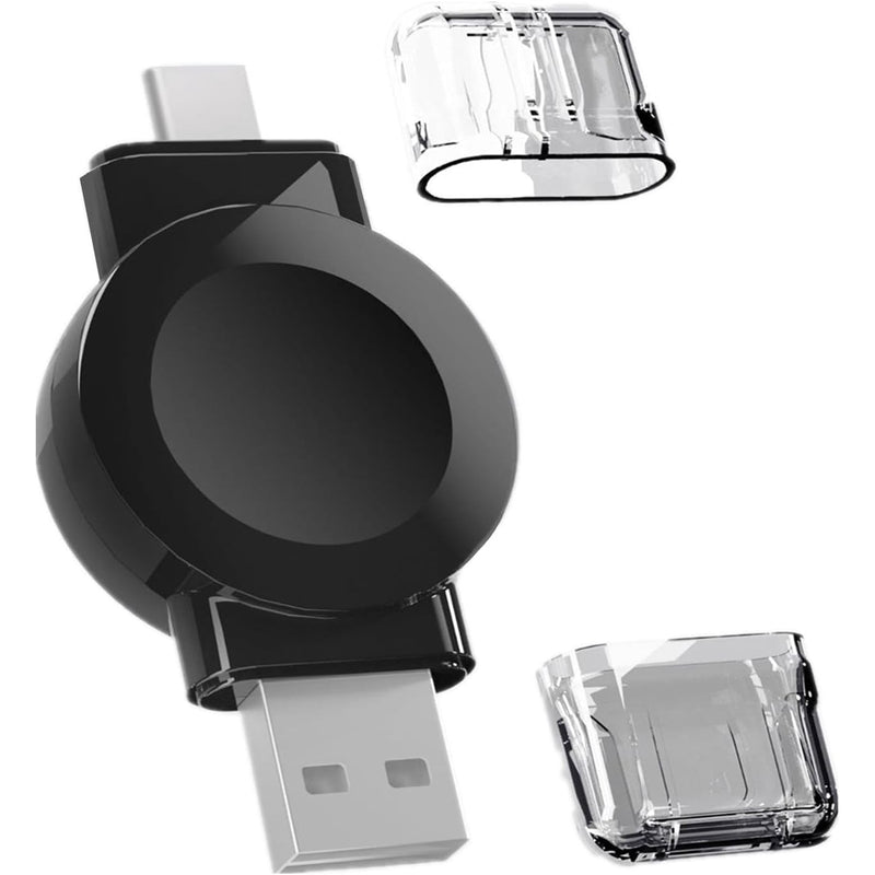 Black magnetic Apple Watch charger with USB-A and USB-C ends and dust caps