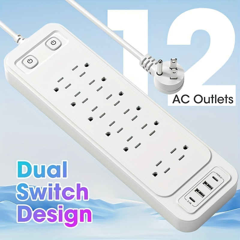 Layout graphic: 12 AC outlets, 2 USB-A, 2 USB-C and the cable