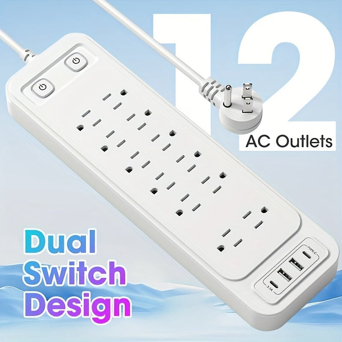 Layout graphic: 12 AC outlets, 2 USB-A, 2 USB-C and the cable