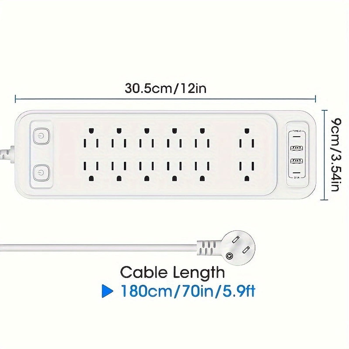 Size diagram: 30.5 cm by 9 cm with a 180 cm flat plug cord