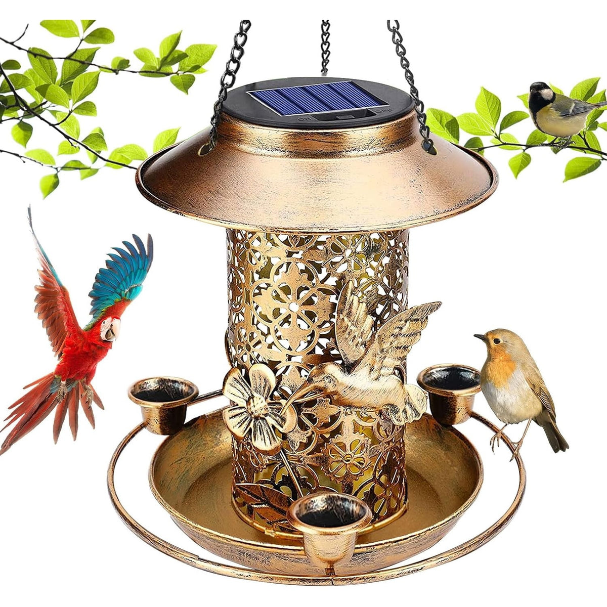 Bronze metal solar bird feeder with cutout lantern body and three water cups