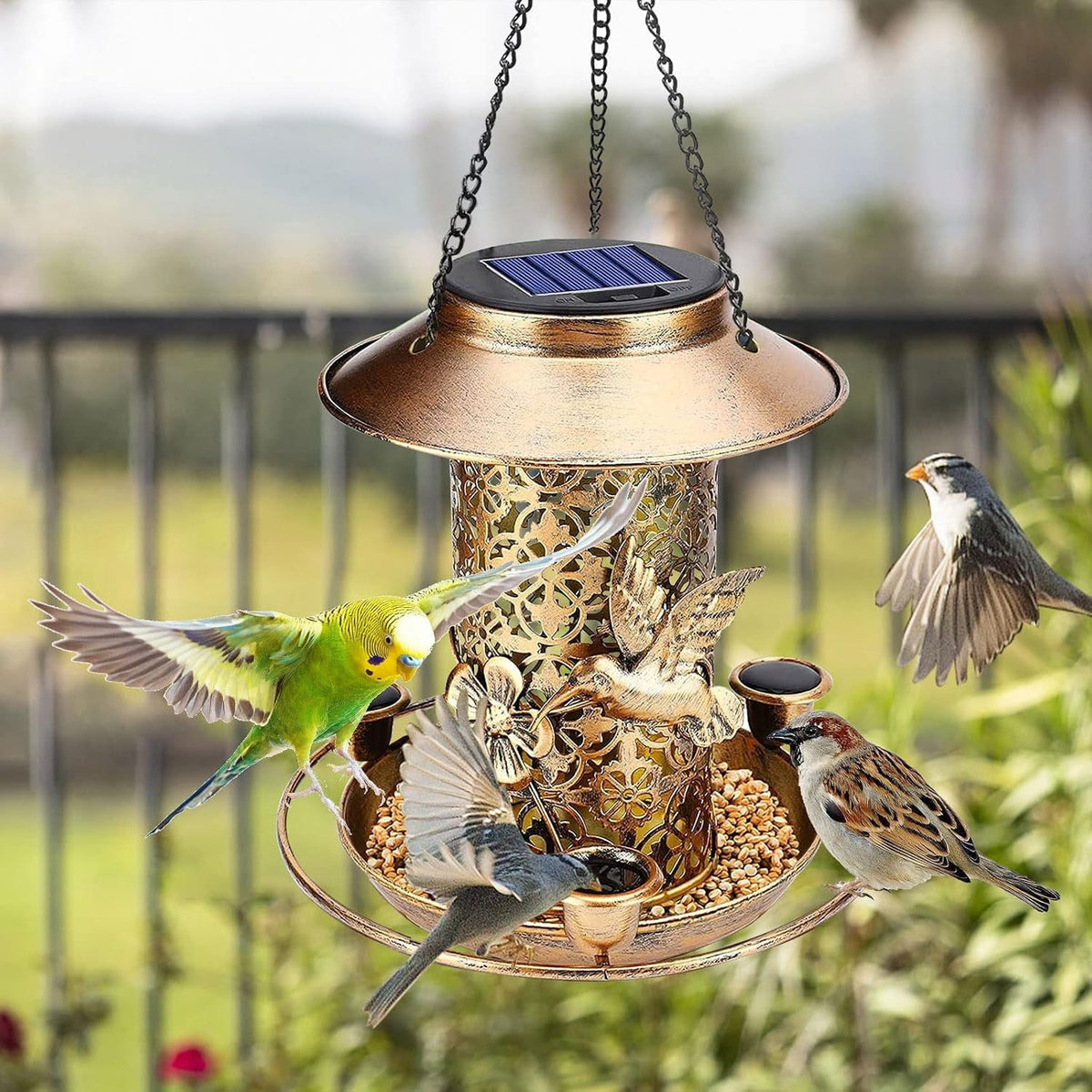 The feeder hanging on a fence with birds feeding from the tray