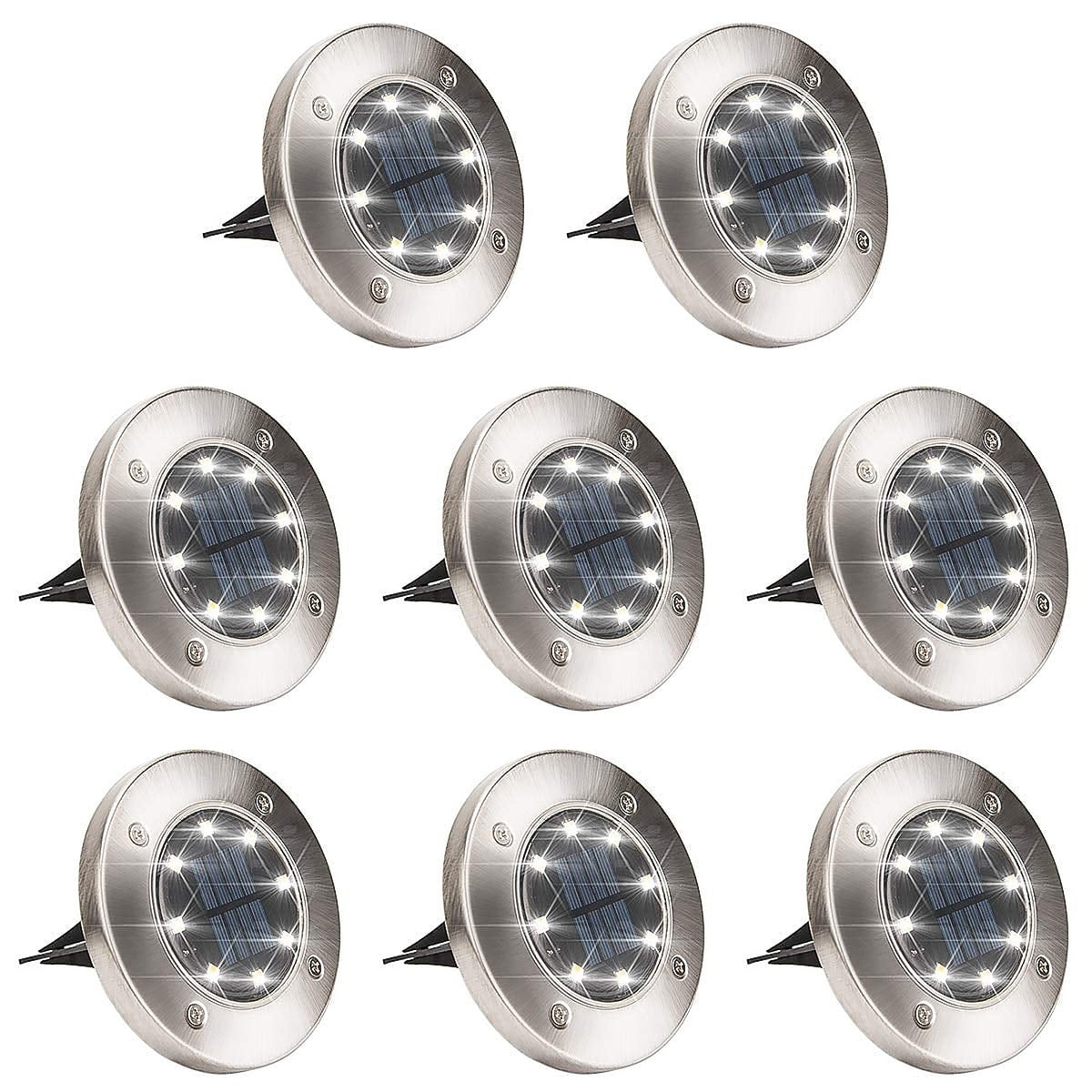 Eight stainless steel solar disk ground lights with spikes