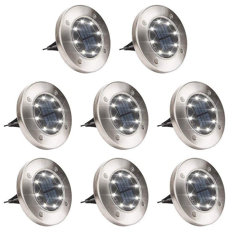 Eight stainless steel solar disk ground lights with spikes