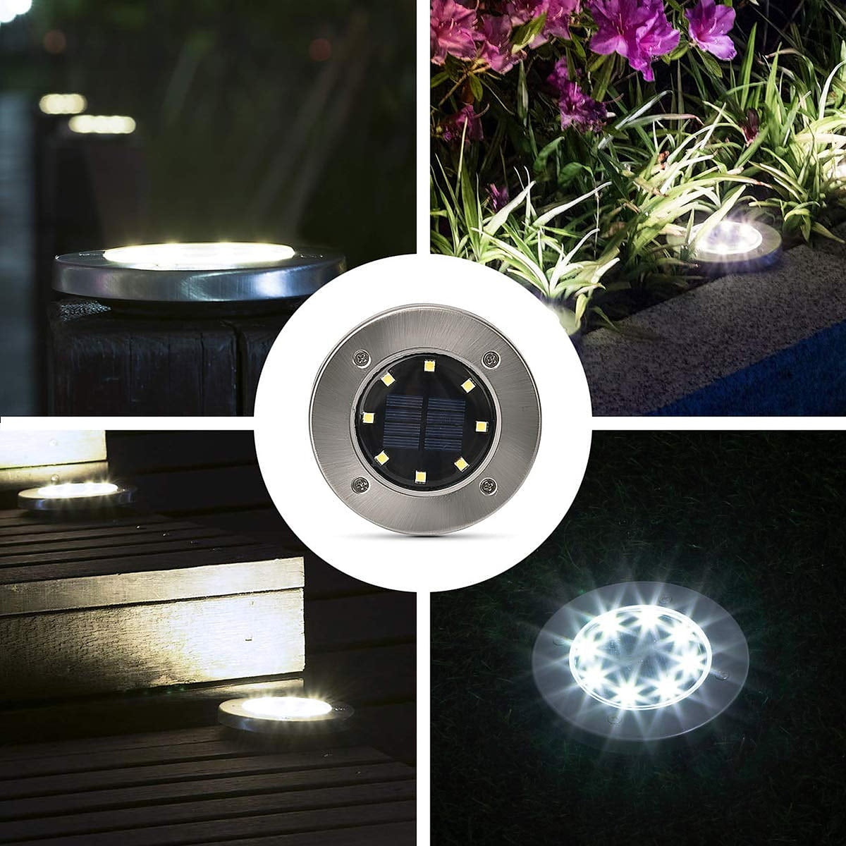 Close-up of the stainless steel top ring and the lit disk at night