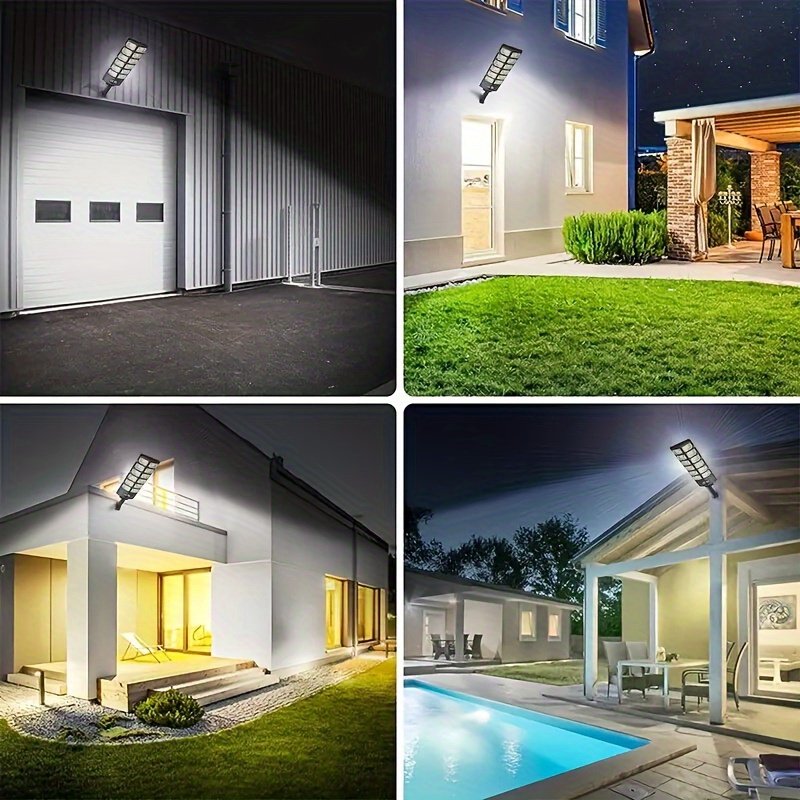 Solar street light in use at a garage, house exterior, garden and pool