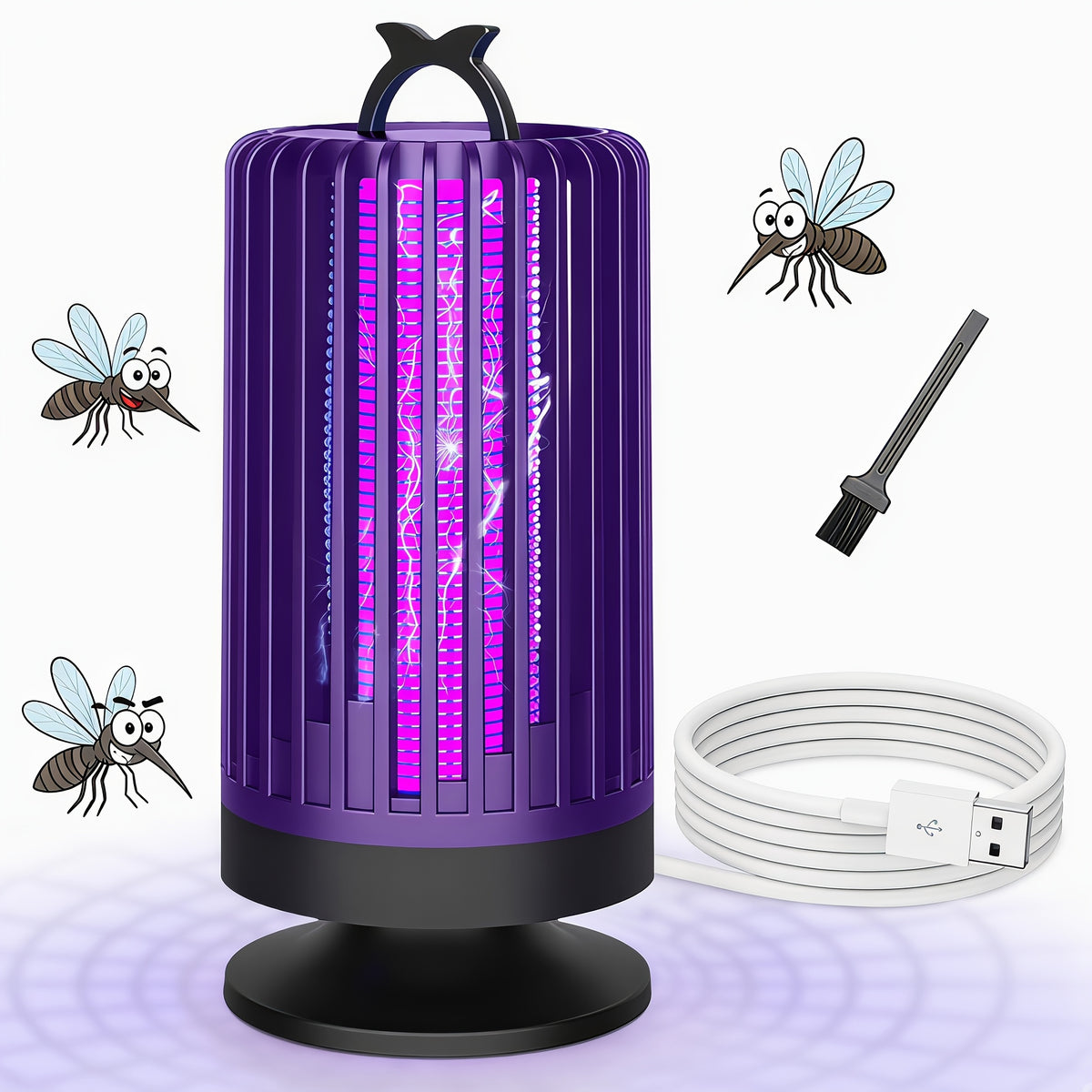Bug zapper with its USB charging cable and cleaning brush