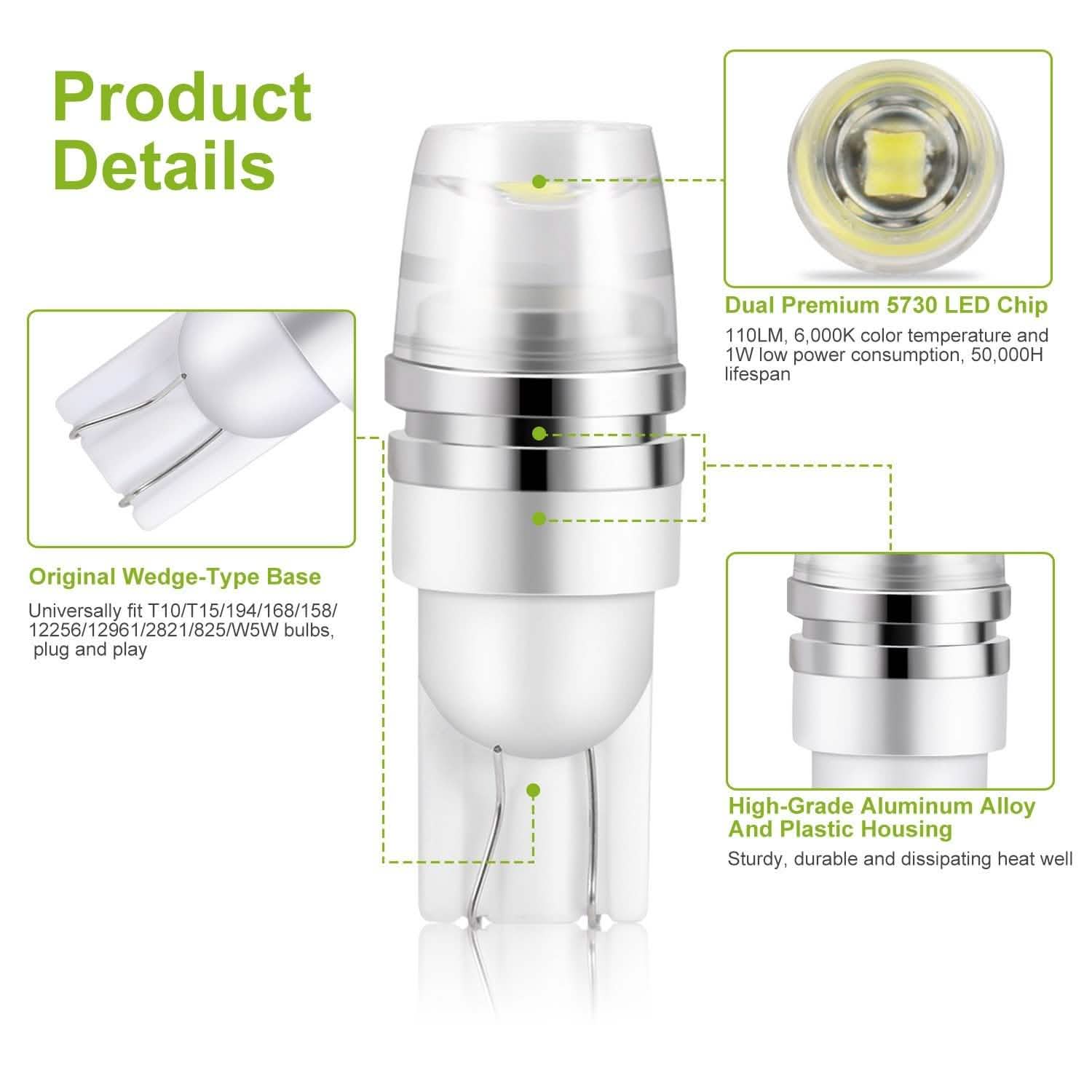 10-Piece: Xenon White Wedge Base LED Bulbs Automotive - DailySale