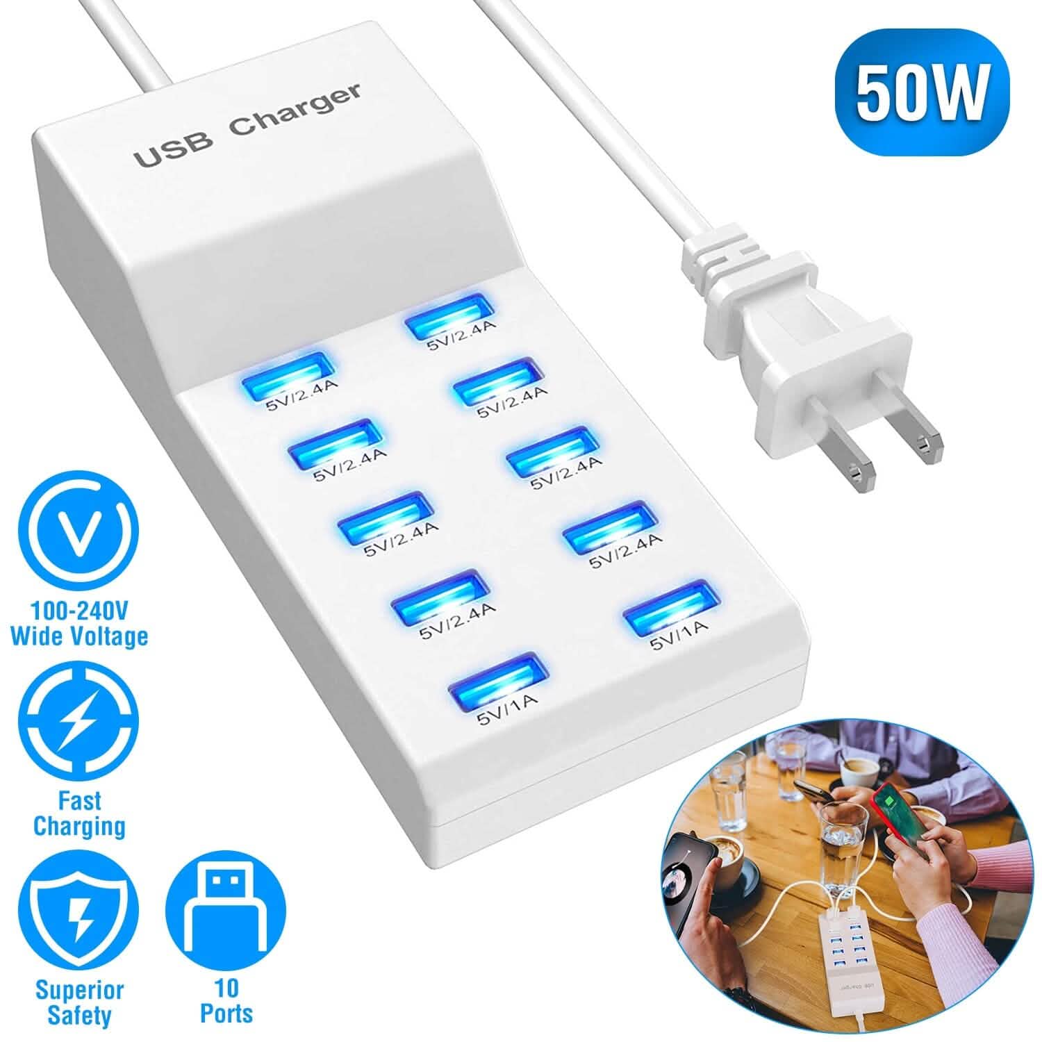 10-Ports 50W USB Wall Fast Charging Power Adapter Mobile Accessories - DailySale